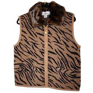 Lisa International 100% Wool Brown Animal Print Zip Vest Removable Collar L New